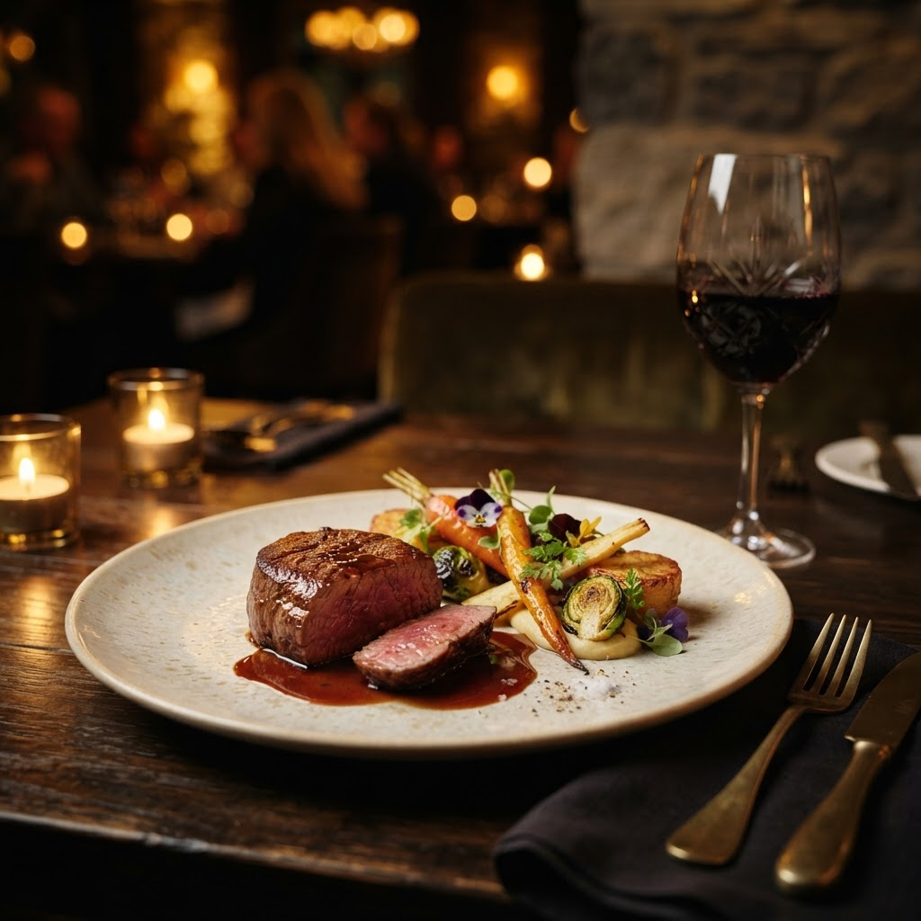 A beautifully plated premium dish in a warm, low-light hospitality setting
