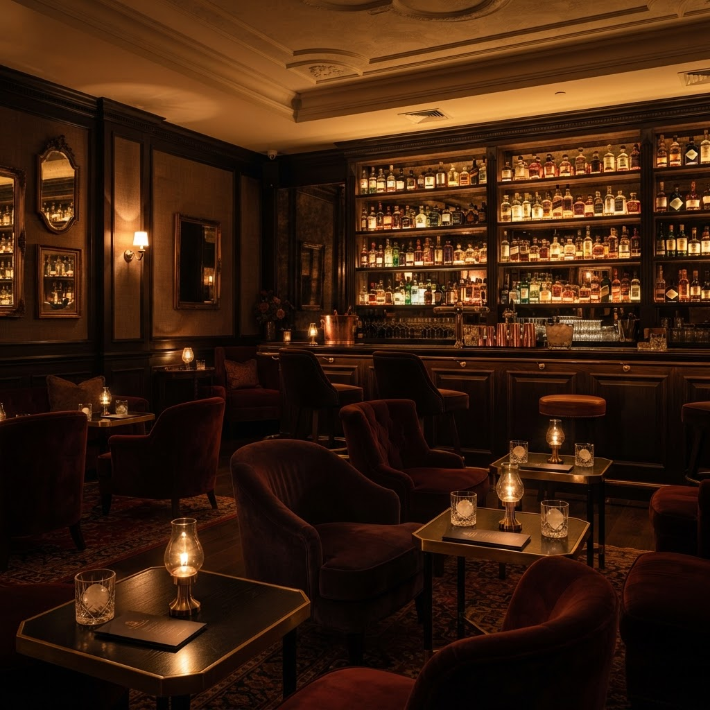 A refined premium lounge interior with warm lighting